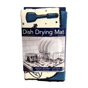 Kitchen Basics Teal Blue Typography Dish Drying Mat Utensils Print Reversible